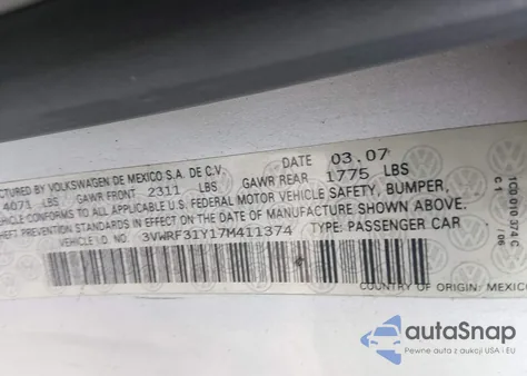 2007 Volkswagen New Beetle 2.5 from USA, damaged, VIN 3VWRF31Y17M411374